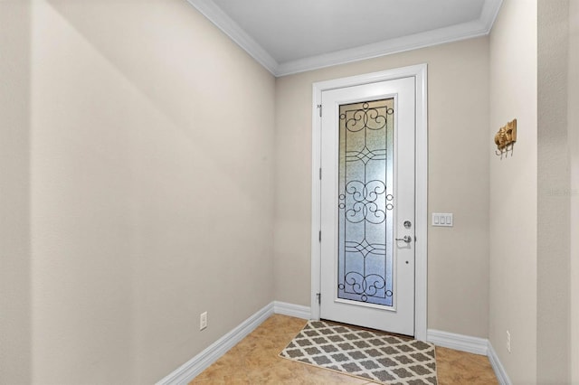 entrance foyer featuring crown molding and light carpet