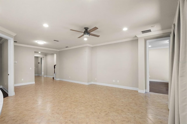 empty room featuring ceiling fan, light tile patterned flooring, and ornamental molding