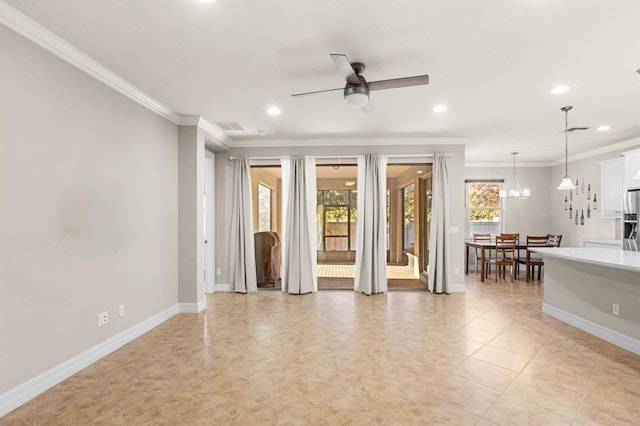 unfurnished living room featuring ceiling fan with notable chandelier, light tile patterned flooring, plenty of natural light, and ornamental molding