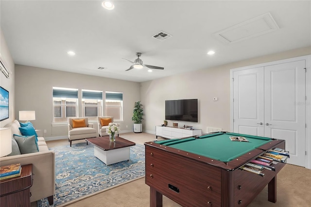 game room featuring light carpet, ceiling fan, and pool table