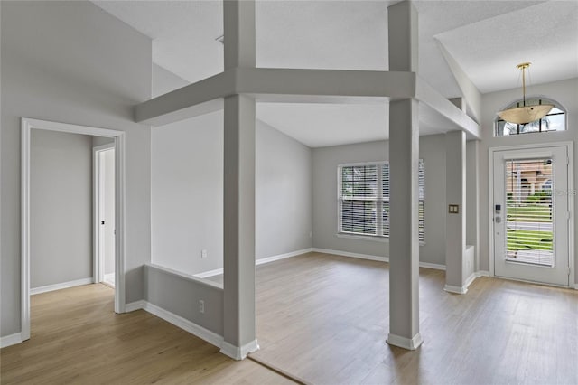 foyer entrance featuring a towering ceiling, light hardwood / wood-style flooring, and plenty of natural light