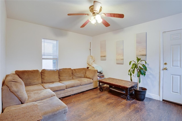 living room featuring ceiling fan and dark hardwood / wood-style flooring