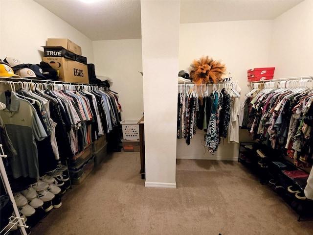 walk in closet featuring light colored carpet