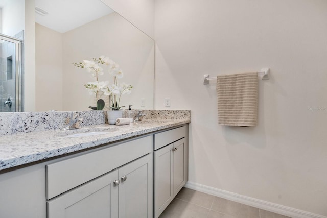 bathroom featuring vanity, tile patterned floors, and walk in shower