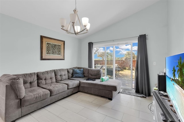 tiled living room with a chandelier and vaulted ceiling