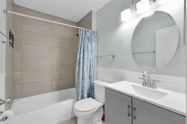 full bathroom with vanity, shower / bathtub combination with curtain, and toilet