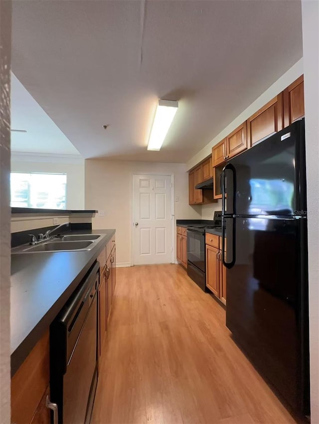 kitchen with sink, black appliances, and light hardwood / wood-style floors