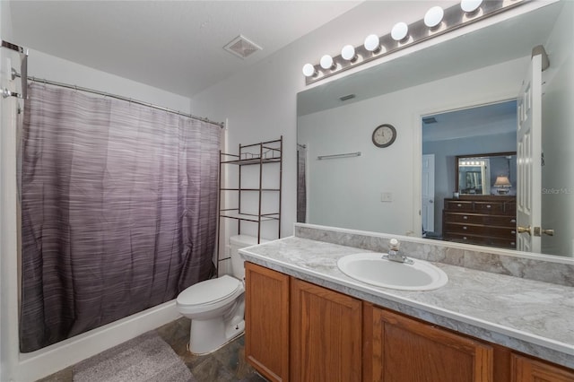 bathroom featuring vanity, curtained shower, toilet, and wood-type flooring