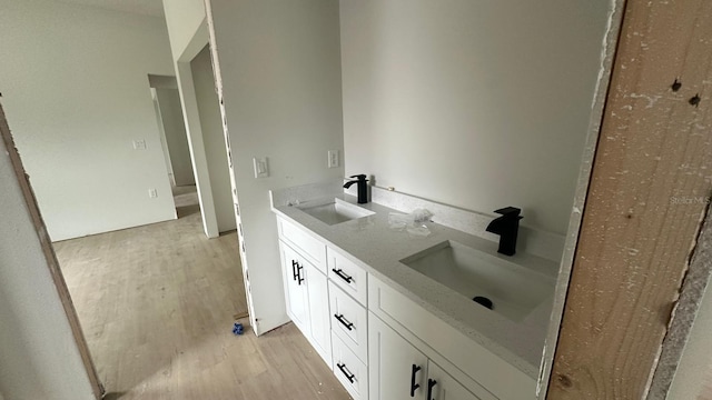 bathroom with double vanity, wood finished floors, and a sink