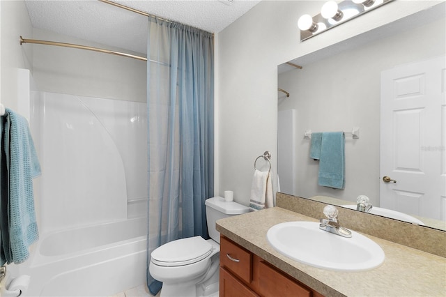 full bathroom featuring vanity, shower / bath combo, a textured ceiling, and toilet