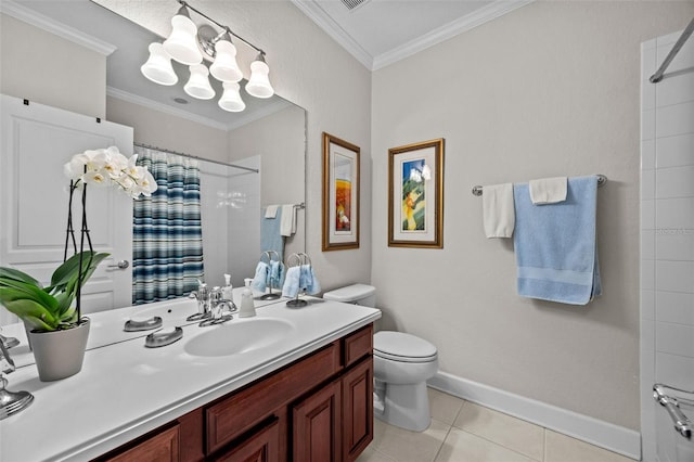 bathroom featuring tile patterned floors, ornamental molding, toilet, vanity, and a shower with shower curtain