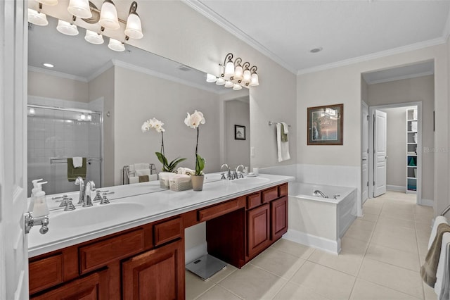 bathroom featuring vanity, shower with separate bathtub, ornamental molding, and tile patterned flooring