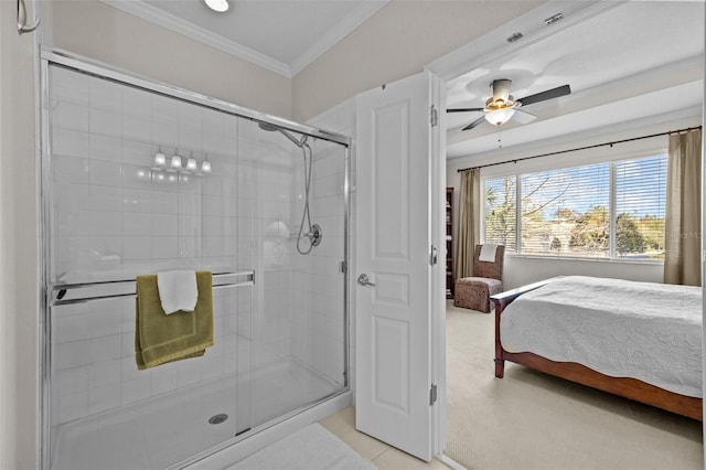 bathroom with tile patterned flooring, an enclosed shower, ceiling fan, and ornamental molding