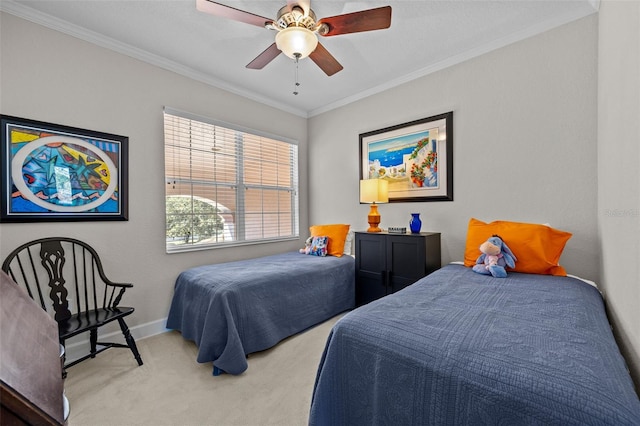 bedroom featuring light carpet, ceiling fan, and ornamental molding