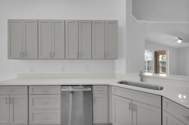 kitchen with stainless steel dishwasher, ceiling fan, gray cabinetry, and sink