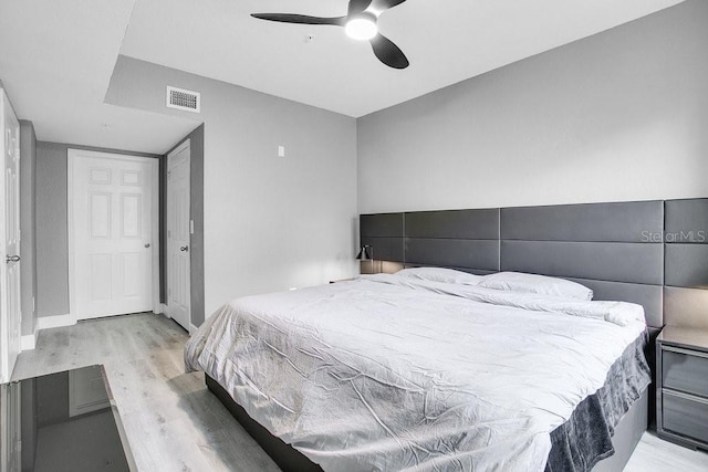 bedroom with ceiling fan and light hardwood / wood-style flooring