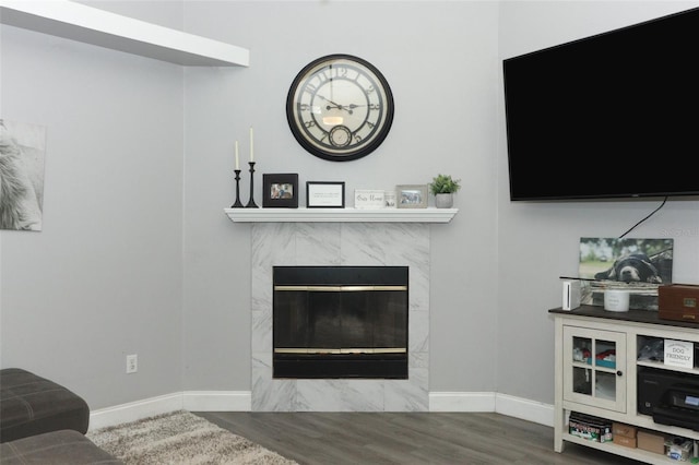 living room with hardwood / wood-style floors and a fireplace