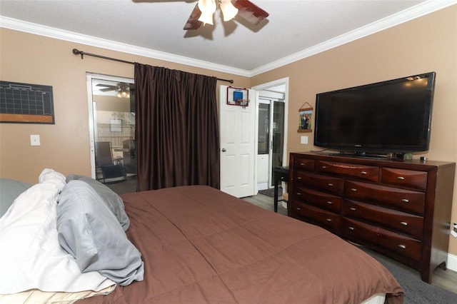 bedroom featuring ceiling fan and crown molding