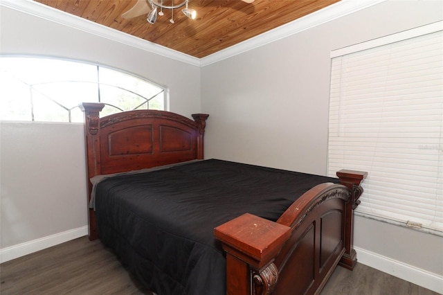 bedroom with wood ceiling, dark wood-type flooring, and ornamental molding