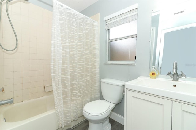 full bathroom with vanity, toilet, and shower / bathtub combination with curtain