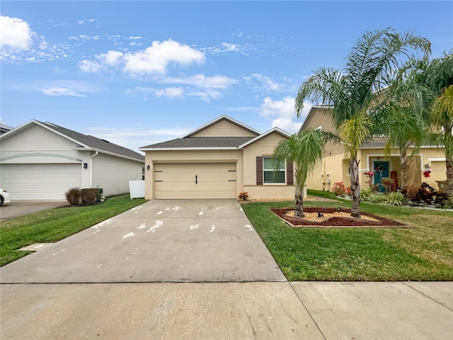 single story home with a garage and a front yard