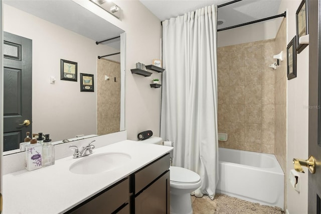 full bathroom with toilet, vanity, and shower / tub combo with curtain