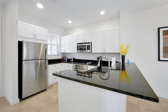 kitchen featuring kitchen peninsula, white cabinetry, sink, and stainless steel appliances