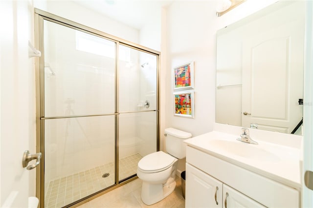 bathroom with tile patterned floors, vanity, toilet, and walk in shower