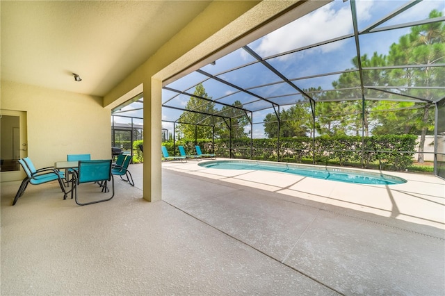 view of swimming pool with a lanai and a patio area