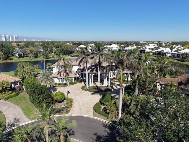 bird's eye view with a water view