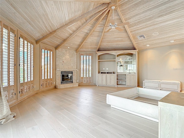 unfurnished living room featuring hardwood / wood-style floors, ceiling fan, wooden ceiling, and a premium fireplace