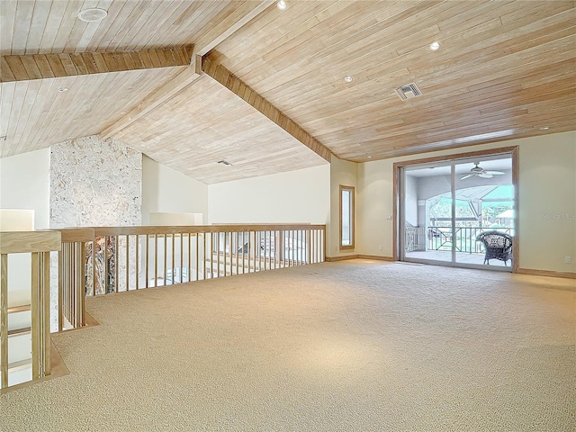 bonus room featuring carpet, lofted ceiling with beams, ceiling fan, and wood ceiling