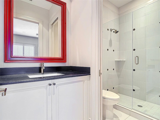 bathroom with tile patterned floors, vanity, toilet, and walk in shower