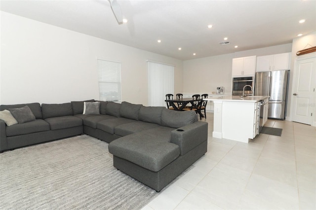 living room with light tile patterned floors