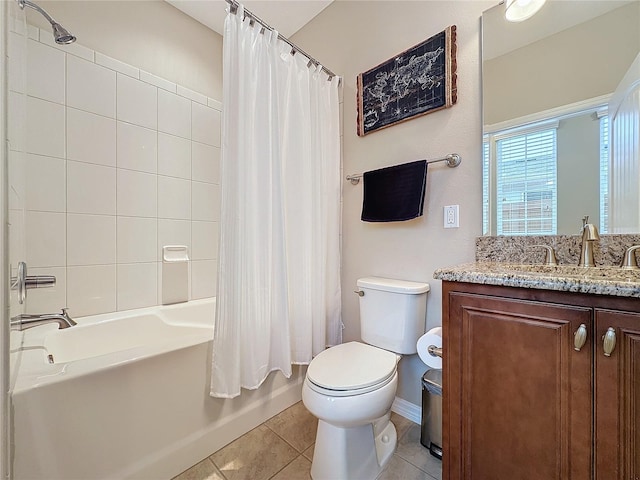 full bathroom with tile patterned floors, vanity, shower / bath combination with curtain, and toilet