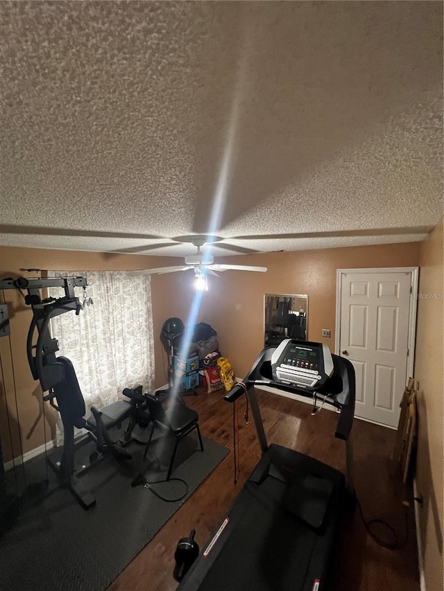 workout area featuring hardwood / wood-style floors, a textured ceiling, and ceiling fan