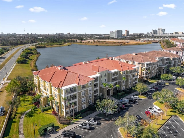 bird's eye view with a water view