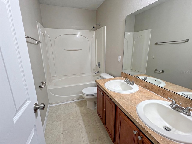 full bathroom with tile patterned flooring, shower / tub combination, vanity, and toilet