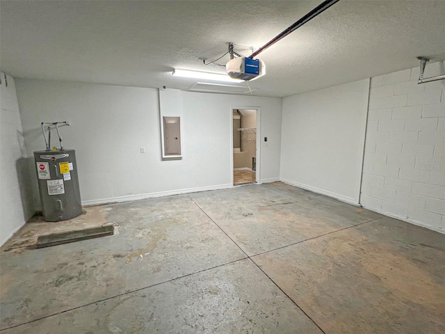 garage featuring electric panel, water heater, and a garage door opener