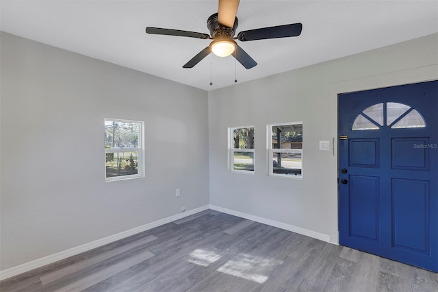 entryway with wood-type flooring and ceiling fan