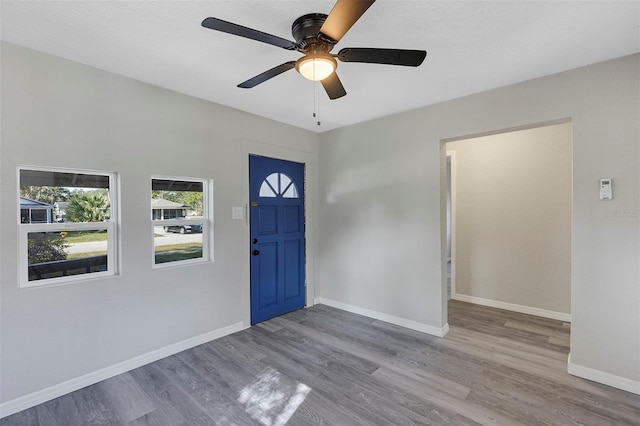 foyer entrance featuring ceiling fan and light wood-type flooring