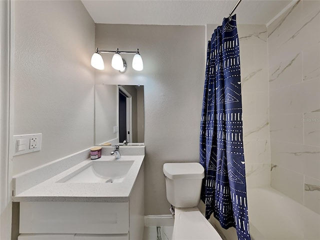 full bathroom with vanity, shower / bathtub combination with curtain, and toilet