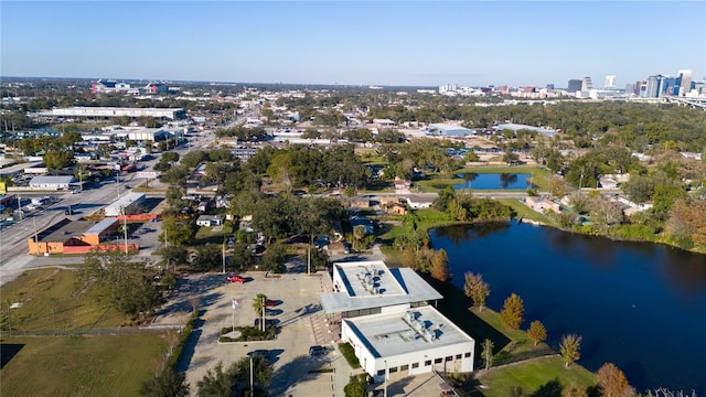 drone / aerial view with a water view and a city view