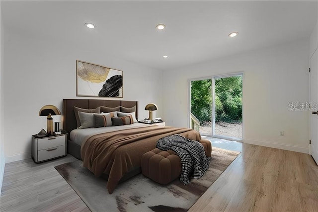 bedroom featuring access to outside, light wood finished floors, recessed lighting, and baseboards