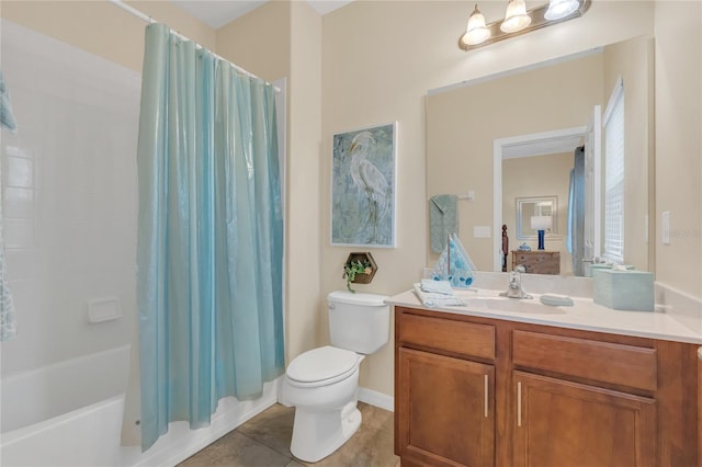 full bathroom featuring tile patterned flooring, vanity, shower / bath combination with curtain, and toilet