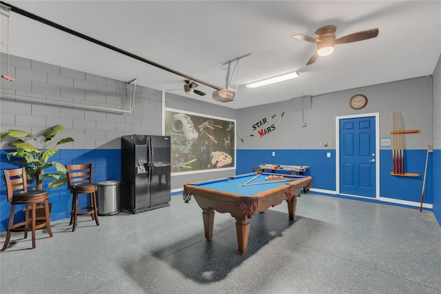 rec room with billiards and ceiling fan