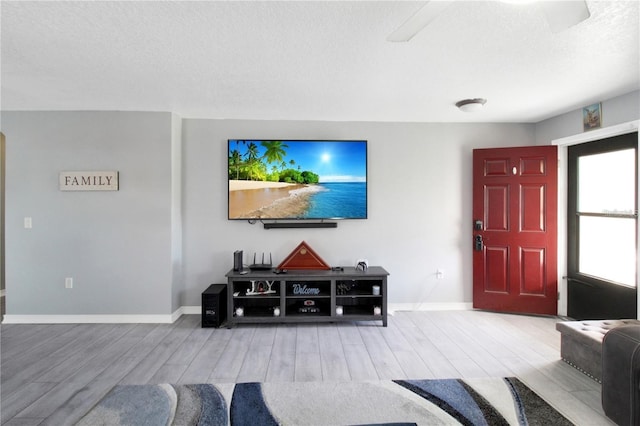 living room with hardwood / wood-style floors and a textured ceiling