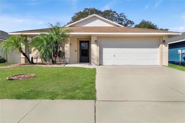 single story home featuring stucco siding, driveway, a front lawn, roof with shingles, and a garage