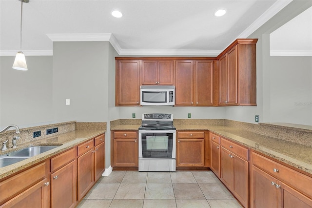 kitchen with stainless steel appliances, light stone counters, crown molding, and sink