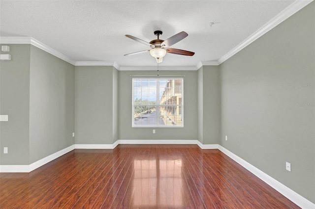 empty room featuring hardwood / wood-style flooring, ceiling fan, crown molding, and a textured ceiling